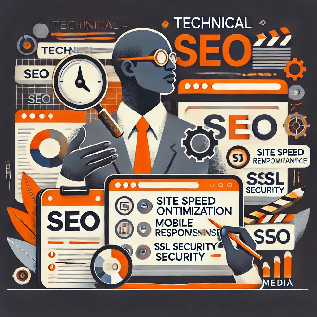 Graphic illustrating a professional immersed in SEO techniques, surrounded by icons and terms like "Site Speed Optimization," "Mobile Responsiveness," and "SSL Security." Includes gear and clock symbols. The color scheme blends orange, gray, and white to highlight strategies enhancing online visibility.