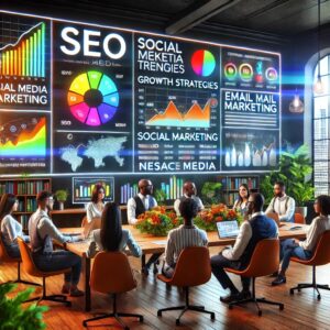 A group of diverse professionals is seated around a table in a modern office, strategizing on growth. They focus on a large digital wall displaying graphs, charts, and terms like SEO, social media marketing, and email marketing. Lush plants decorate the room.