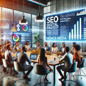 A diverse group of professionals sits around a modern conference table equipped with laptops and notepads. Large screens on the wall display terms like "Strategies for Growth" along with SEO graphs, setting the scene for a dynamic digital marketing meeting.