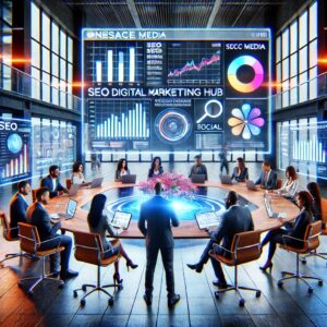 A futuristic boardroom buzzes with energy as diverse professionals gather around a large circular table. Digital screens showcase cutting-edge digital marketing strategies and analytics. A presenter stands at the center, seamlessly blending innovation with growth in this high-tech business setting.