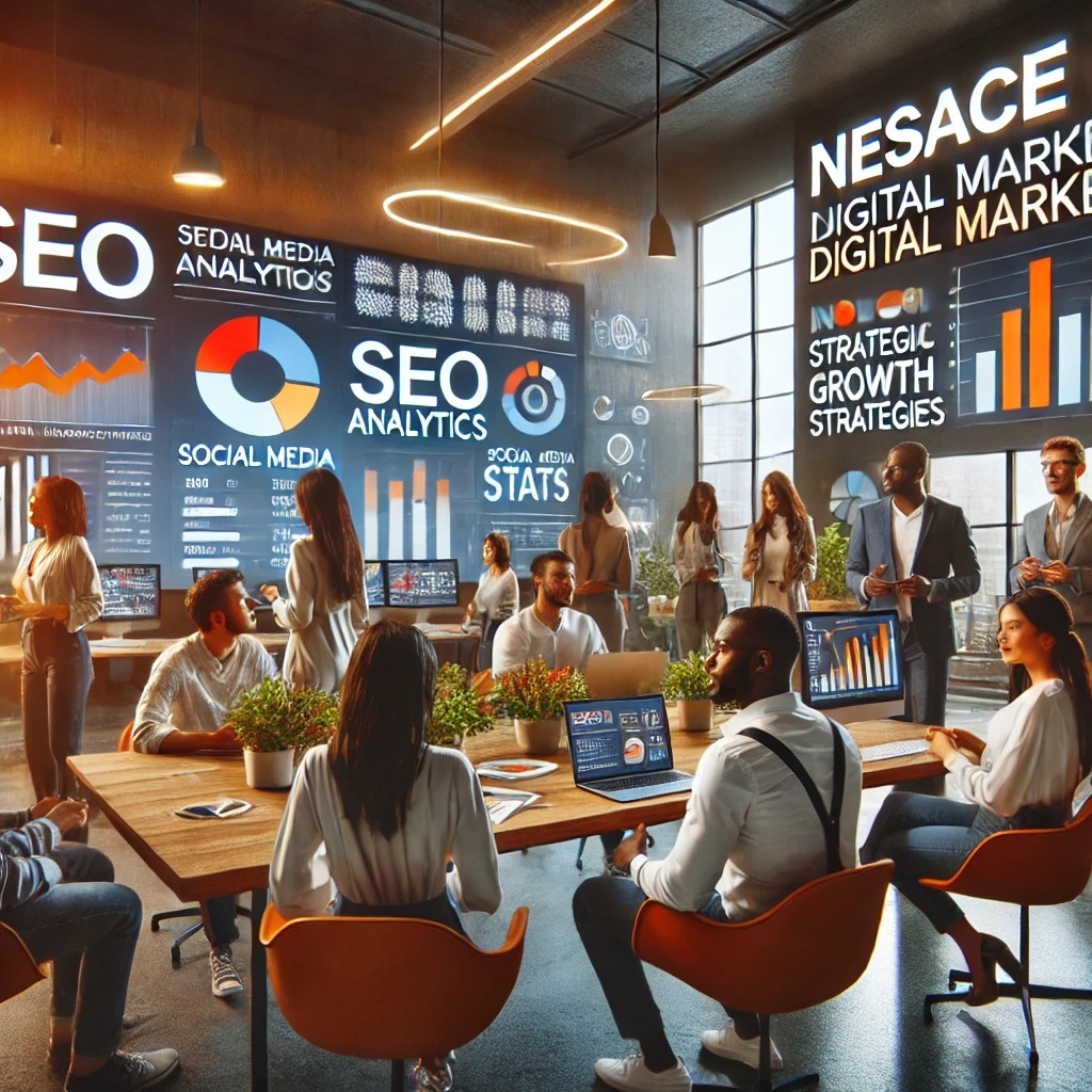 A diverse group of people in a modern office, surrounded by digital marketing and SEO analytics on large screens, passionately discussing growth strategies. Some are using laptops in the well-lit room, which is filled with plants.