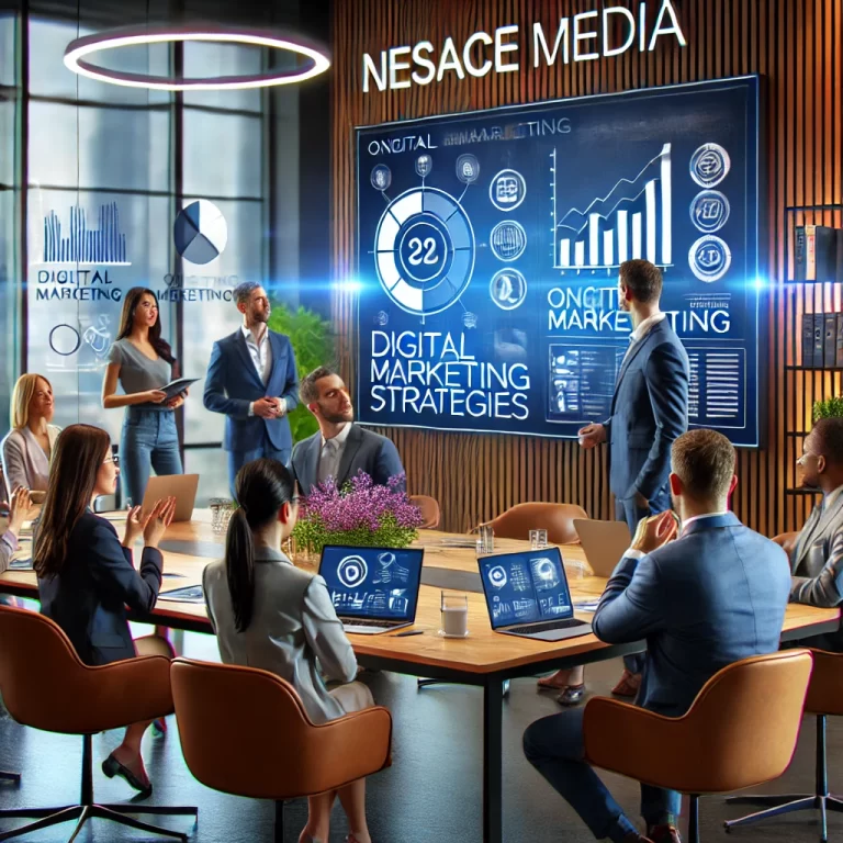 A diverse group of professionals from a leading digital marketing agency gathers in a modern conference room, discussing the 2025 guide for strategies. One person points to a large screen displaying graphs and charts. The room boasts sleek design with digital displays and futuristic lighting.