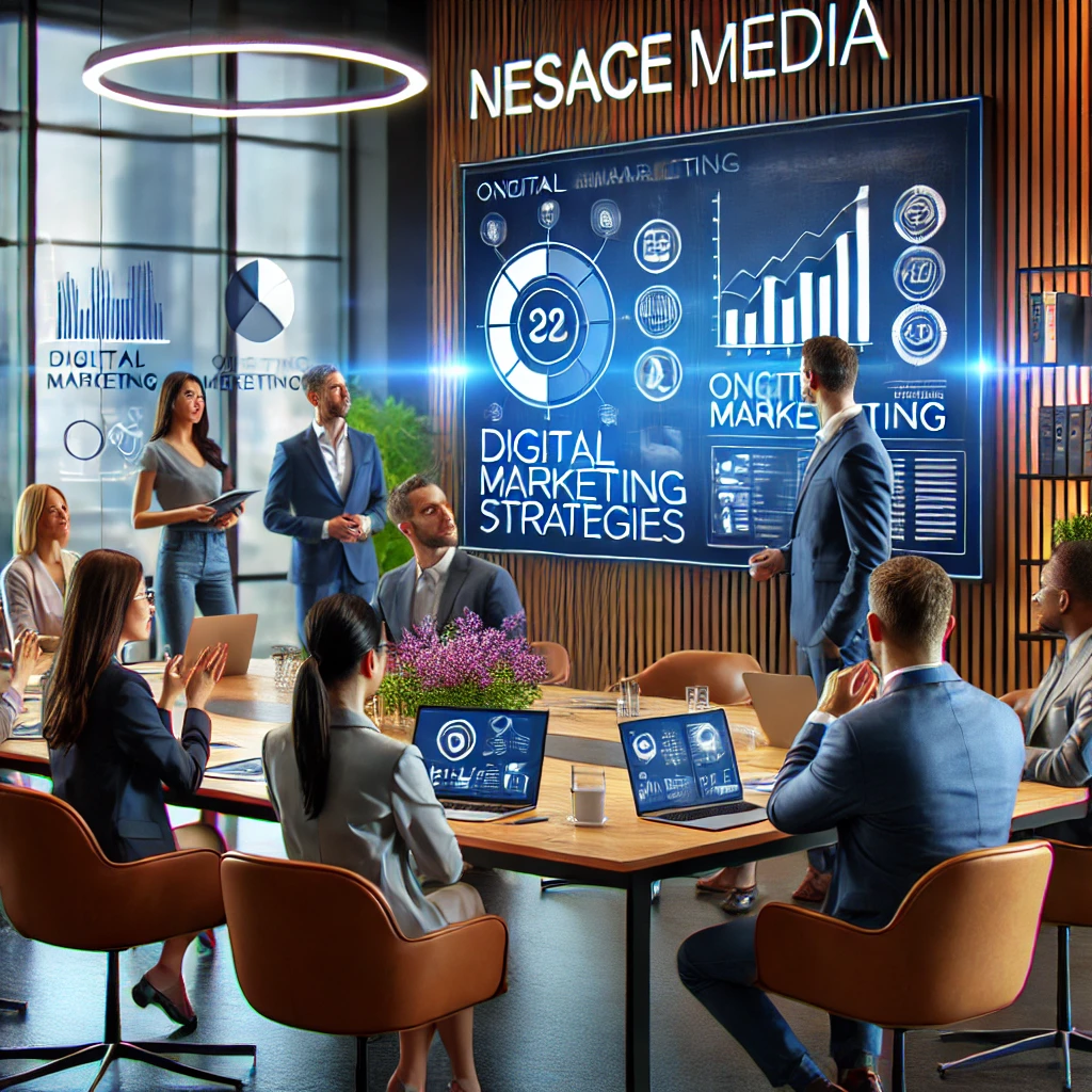 A diverse group of professionals from a leading digital marketing agency gathers in a modern conference room, discussing the 2025 guide for strategies. One person points to a large screen displaying graphs and charts. The room boasts sleek design with digital displays and futuristic lighting.