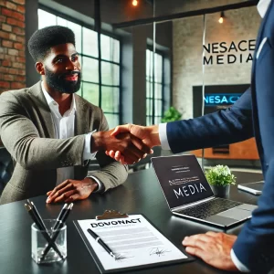 A man in a gray suit shakes hands with another person across a desk in an office adorned with "Nesace Media" signage. This digital marketing agency discusses the 2025 Guide on the laptop, alongside a document labeled "Dovonact." Sunlight streams through large windows, casting warmth over their meeting.