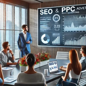 In a modern conference room, a man in a blue suit presents digital marketing strategies from the 2025 Guide to colleagues. A large screen displays SEO and PPC charts. Attendees, representing a leading digital marketing agency, engage in discussion in the bright, spacious setting.