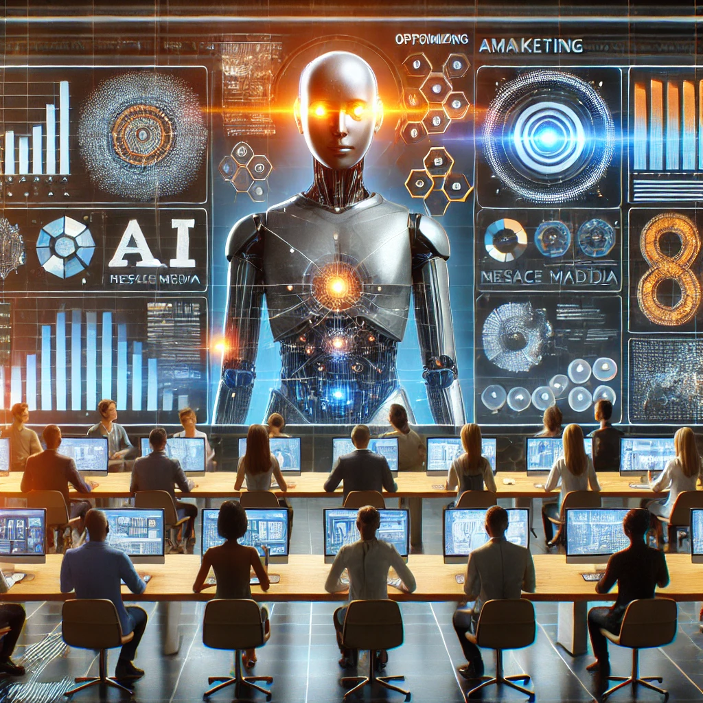 In a futuristic control room, people at computer stations focus on a large screen displaying a humanoid robot with data visualizations. Keywords like "AI," "optimizing," and "impact" highlight the role of digital marketing in this advanced setting.