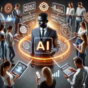 A group of people engages with holographic AI technology displays. The central figure holds an "AI" sign, surrounded by futuristic panels labeled "Predictive Analytics" and "Media," illustrating the profound impact of digital marketing through the seamless integration of various devices.