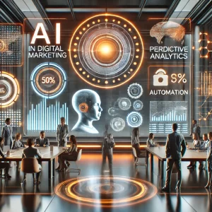 A futuristic conference room hums with energy as people gather around tables. Large digital screens showcase terms like "AI Impact in Digital Marketing," "Predictive Analytics," and "8% Automation," accompanied by graphics of a brain, a human head, and data charts.