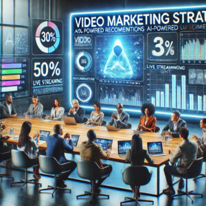 A diverse group of professionals sits around a large table, each with a tablet. A large screen displays "Video Marketing Strategy" alongside trends and statistics related to AI recommendations and live streaming in a futuristic office setting dedicated to cutting-edge SEO strategies.