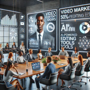 A futuristic conference room buzzes with diverse people seated around a table, exploring the latest trends. Large digital screens showcase video marketing statistics, SEO strategies, and AI-powered editing tools beside a prominent portrait. This synergy crafts cutting-edge video content ideas.