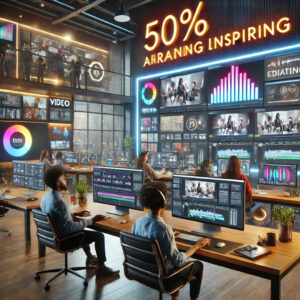 A modern office buzzes with activity, as employees optimize SEO strategies at their computers displaying colorful graphics. A large screen shows "50% Arraning Inspiring," while walls adorned with media screens highlight video marketing trends. A second floor offers even more workspaces.