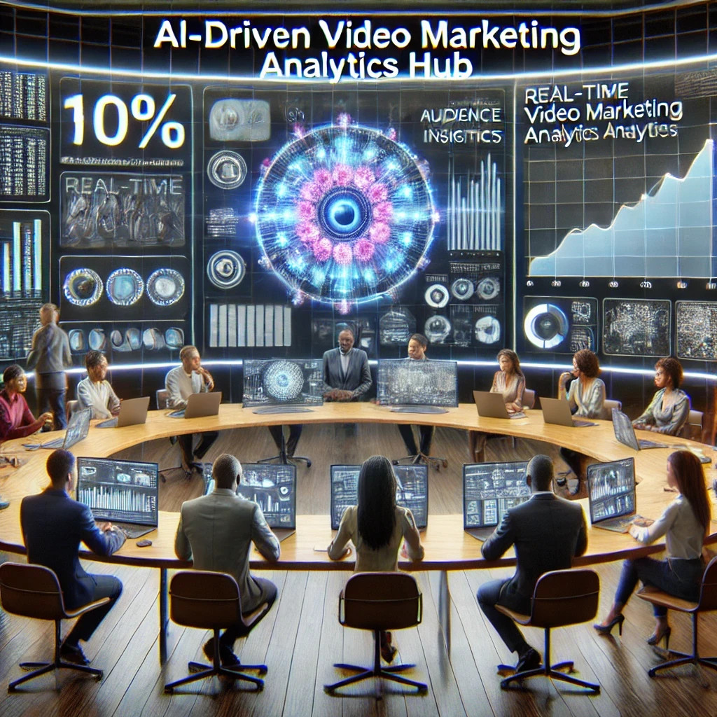 A futuristic boardroom features a circular table with diverse professionals. Wall displays showcase digital analytics and graphs labeled "AI-Driven Video Marketing Trends Hub" and "Real-Time SEO Video Marketing Analytics.