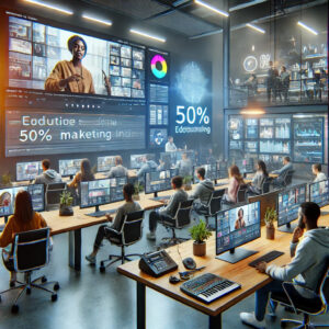 A high-tech classroom with students at computers, large screens displaying a video call, and graphs labeled "50% Edutainment." Trends in video marketing are evident as plants decorate the desks, while a glass-walled room with more students is visible above.