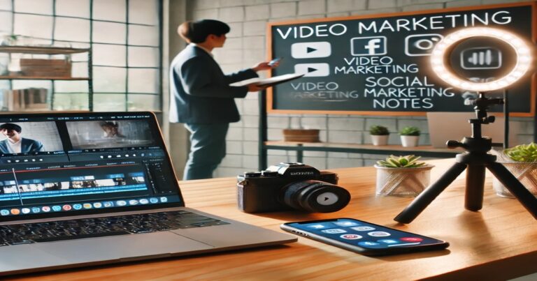 A person stands before a chalkboard displaying various social media logos and phrases like "VIDEO MARKETING STRATEGY." In the foreground, a laptop with video editing software, a camera, a ring light, and a smartphone are poised for integrating dynamic visuals.