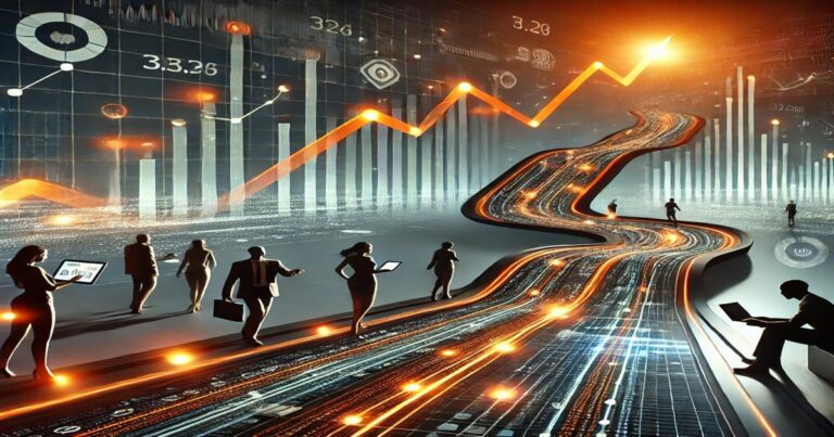 A digital art image depicts people with electronic devices wandering along a glowing circuit board path. Rising graphs and data visuals fill the background, symbolizing technological growth and marketing strategies mastering performance.