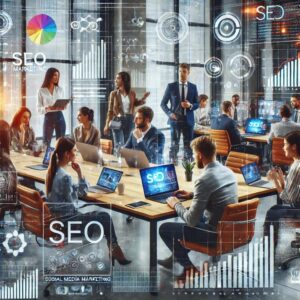 A busy office scene with people working on computers at desks in a digital marketing agency. Digital overlays show SEO and marketing graphics, charts, and icons, creating a futuristic ambiance. Tall windows allow natural light to illuminate the spacious, modern environment.