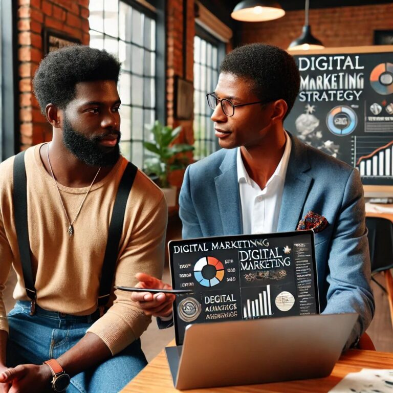Two men sit together discussing digital marketing. One holds a laptop with charts from a top digital marketing agency; a board with "Digital Marketing Strategy" is in the background. They appear engaged, in a modern office with large windows.
