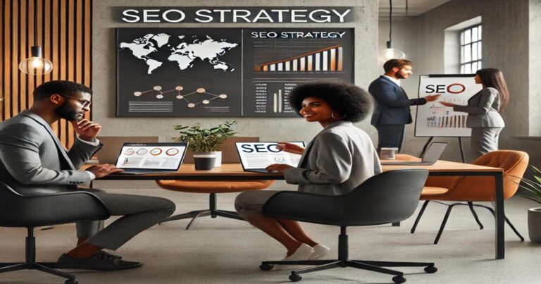 A diverse group of four people in a modern office discuss a reliable SEO strategy. Two are seated with laptops, while two stand beside a chart. A world map and graphs are displayed on the wall, reflecting the expertise of an innovative SEO company in a contemporary and well-lit setting.