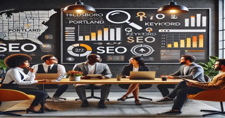 Digital marketers in a modern SEO agency office discuss performance strategies, highlighting local search visibility in Hillsboro, Portland, and Beaverton.