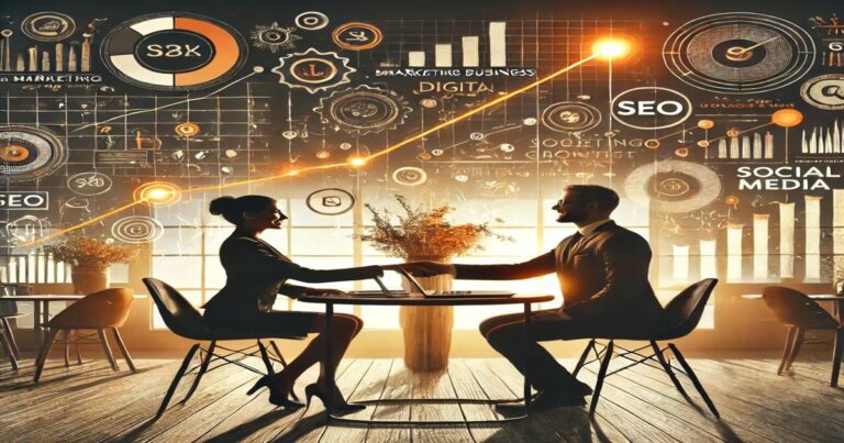 A man and woman in business attire shake hands at a table in a stylized office, embodying the synergy found in a digital marketing company. The backdrop features illuminated graphs and icons related to marketing, SEO, and social media, creating a futuristic business environment.