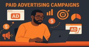 Illustration of a man working on a laptop, surrounded by icons related to paid advertising campaigns—ads, charts, dollar signs, a megaphone, and targeting symbols. The text reads "Paid Advertising Campaigns with top social media services.