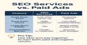 A chart compares SEO services and paid ads by cost, trust, traffic, and competition. Expert SEO unlocks growth with high trust and lasting results. Paid ads offer quick wins but stop when spending ends. Tip: combine both strategies for best results.