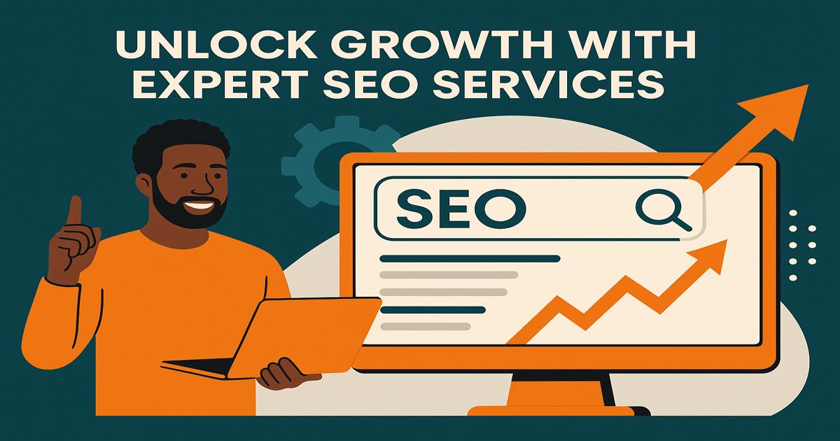 Illustration of a smiling man holding a laptop and pointing up, next to a monitor displaying "SEO" and an upward arrow, with the text "Unlock Growth With Expert SEO Services" above—perfect for showcasing how expert SEO can unlock growth for your business.