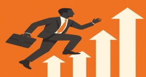 Illustration of a person in a business suit holding a briefcase, climbing upward along rising white arrows on an orange background, symbolizing career growth or business success in Portland Oregon’s vibrant 2025 Ad Agencies scene.