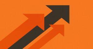 Three large arrows, two orange and one dark brown, point upwards at an angle on an orange background, symbolizing growth in 2025—a dynamic image perfect for Ad Agencies in Portland Oregon. The arrows cast long shadows behind them.