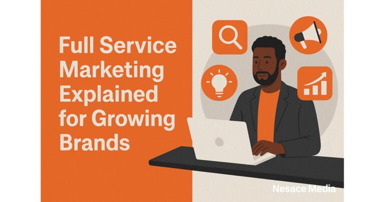 Illustration of a man working on a laptop surrounded by marketing icons, with the text “Full Service Marketing Explained for Growing Brands.” The image is branded with “Nesace Media,” showcasing how full service marketing supports growing brands.