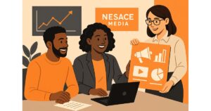 Three people meet in an office labeled "Nesace Media." One woman stands holding a marketing chart with icons; two colleagues sit at a table, smiling and listening. The scene, set in orange tones, captures the spirit of Growing Brands through Full Service Marketing.