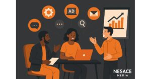 Illustration of three people having a business meeting. Two sit at a table with a laptop and paper, while one stands by a chart showing growth. Digital marketing icons float above, highlighting NESACE MEDIA as leaders in Growing Brands and Full Service Marketing.