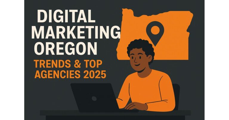 Illustration of a person using a laptop with an orange Oregon map behind them. Text reads: "Digital Marketing Trends 2025: Top Agencies & Insights in Oregon.