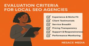 Illustration of a woman holding a clipboard next to a checklist titled "Evaluation Criteria for Local SEO Agencies," listing six criteria related to local SEO and SEO reviews, on an orange background. The image is branded with "NESACE MEDIA" at the bottom right.