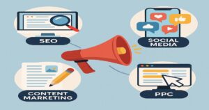 Illustration showing a megaphone surrounded by icons for SEO, social media, content marketing, and PPC, representing the diverse strategies used by a leading Digital Marketing Agency in Oregon.