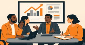 Four people sit around a table in a meeting at an Oregon Marketing Agency, discussing and taking notes while a large presentation screen behind them displays graphs and charts.