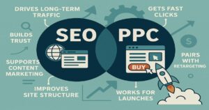 Venn diagram comparing SEO and PPC, with SEO benefits on the left, PPC on the right, and a rocket illustration. Shared and unique advantages are shown with icons—helping you Choose Wisely for your Oregon digital marketing agency strategy.