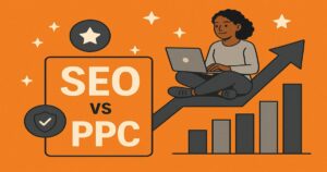 Illustration of a person using a laptop, sitting on an upward arrow with a bar graph below, highlighting “SEO vs PPC” as key growth strategy options, set against an orange background with star icons.