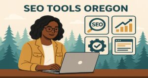 Illustration of a woman with glasses using a laptop outdoors, with evergreen trees in the background. Text reads "SEO Tools Oregon" and highlights four Online Marketing Tools icons to the right of her.