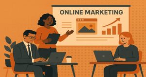Three people work on laptops in an office. One stands presenting a chart labeled “Online Marketing Oregon” with images and a rising graph, while the other two sit typing. A coffee cup is on the table.
