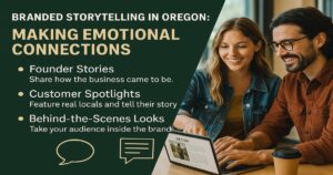 A woman and man smile while looking at a laptop. Text highlights Oregon Content Marketing in 2025, focusing on emotional connections through founder stories, customer spotlights, and behind-the-scenes content marketing strategies.