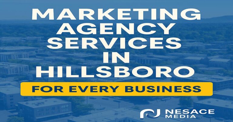 Blue and yellow graphic with aerial view of a city. Text reads, "Marketing Agency Hillsboro services for every business. Nesace Media.