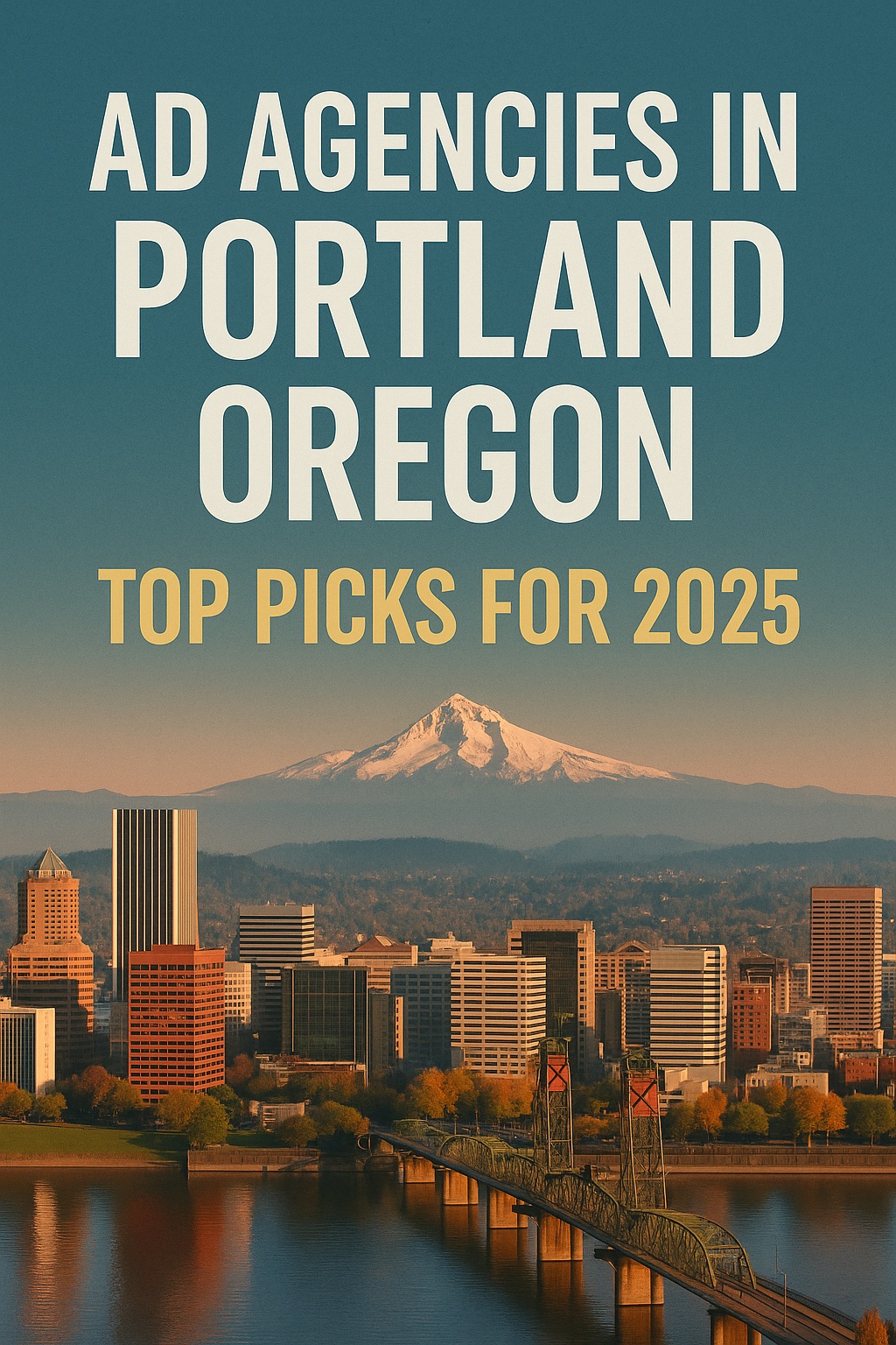 Downtown Portland Oregon skyline with Mount Hood in the background, featuring text: "Ad Agencies in Portland Oregon - Top Picks for 2025.