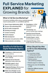 An infographic titled “Full Service Marketing Explained for Growing Brands” uses icons and bullet points on a blue background to outline full service marketing, its benefits, and when growing brands should hire an agency.