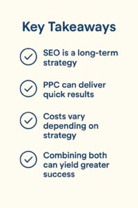 A list titled "Key Takeaways" with four points: SEO is a long-term strategy, PPC can deliver quick results for business growth, costs vary depending on strategy, and combining both can yield greater success. Each point features a checkmark icon.