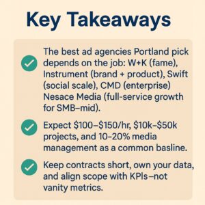 A summary of key takeaways about Portland Oregon Ad Agencies, 2025 project rates, and contract tips, displayed in a bulleted list with green check marks on a beige background.