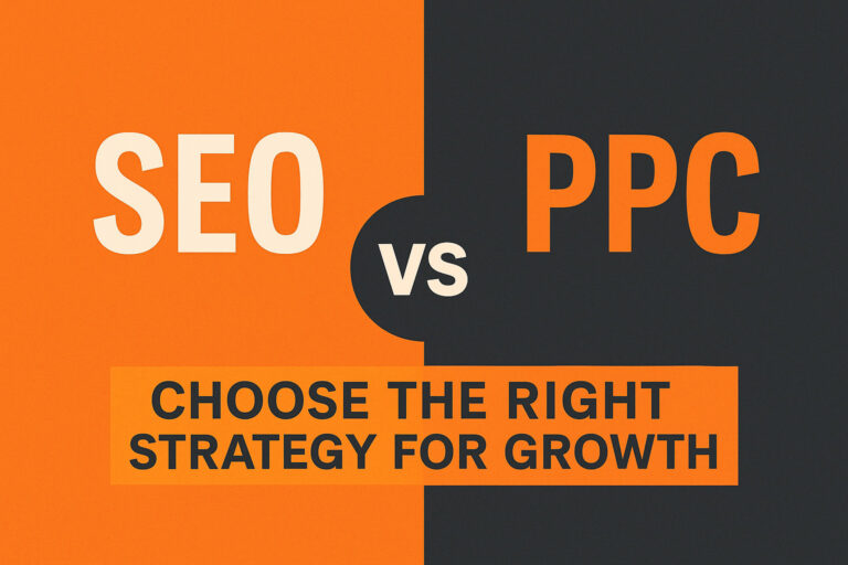 A split background with "SEO" on the left, "PPC" on the right, and "vs" in the center. Below, a banner reads: "Choose the right growth strategy." Colors are orange, black, and white.