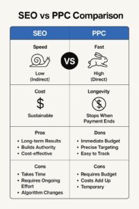 A comparison chart of SEO vs PPC with icons: SEO shows a snail (slow, indirect, sustainable), PPC shows a rabbit (fast, direct, stops when payment ends). Highlights how each method supports business growth, listing pros and cons for both.