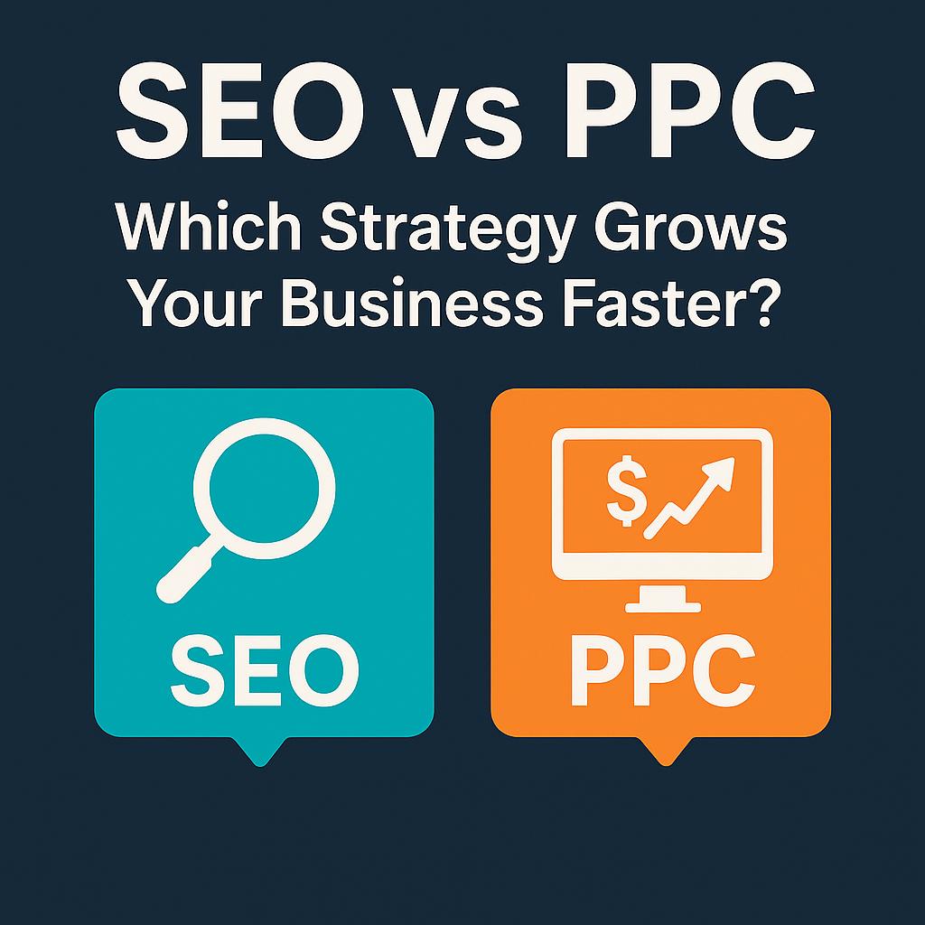 Graphic with the text "SEO vs PPC: Which Strategy Grows Your Business Faster?" Features icons for SEO and PPC, highlighting how each plays a vital role in business growth.