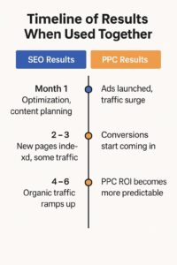 A graphic timeline shows business growth when SEO and PPC work together: Month 1—SEO: optimization, planning; PPC: ads drive traffic. Months 2-3—SEO: new pages indexed, some traffic; PPC: conversions rise. Months 4-6—SEO boosts organic visits; PPC ROI stabilizes.